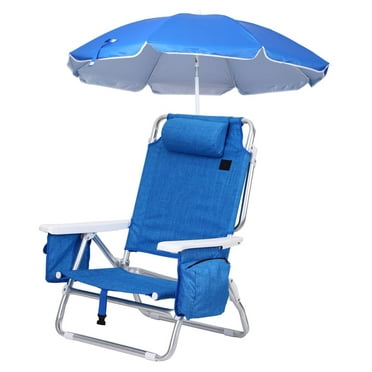 Beach Chair Backpack with Umbrella & Cooler - 7 Position Reclining Sand Chair for Adults - Portable Outdoor Camping Chair with Cup Holder 1 Pack Blue