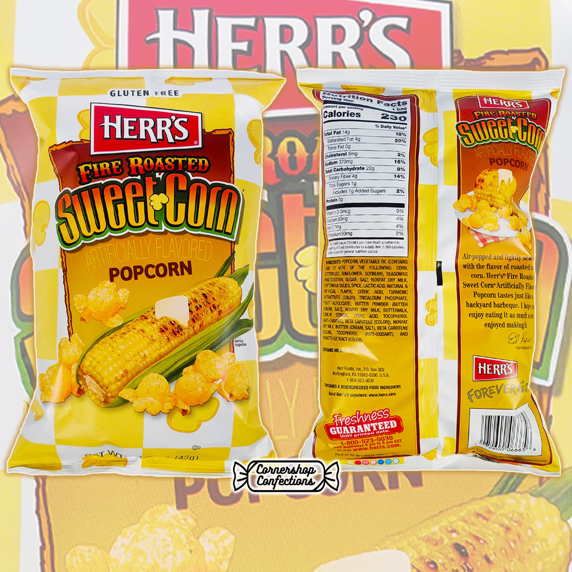 Herr's Fire Roasted Sweet Corn Bulk Share Pack - 8 1.5oz Bags of Air-popped Gluten Free Sweet Corn Flavored Popcorn - Movie Night, Road Trips, Flights, Work Snack in Cornershop Confections Box