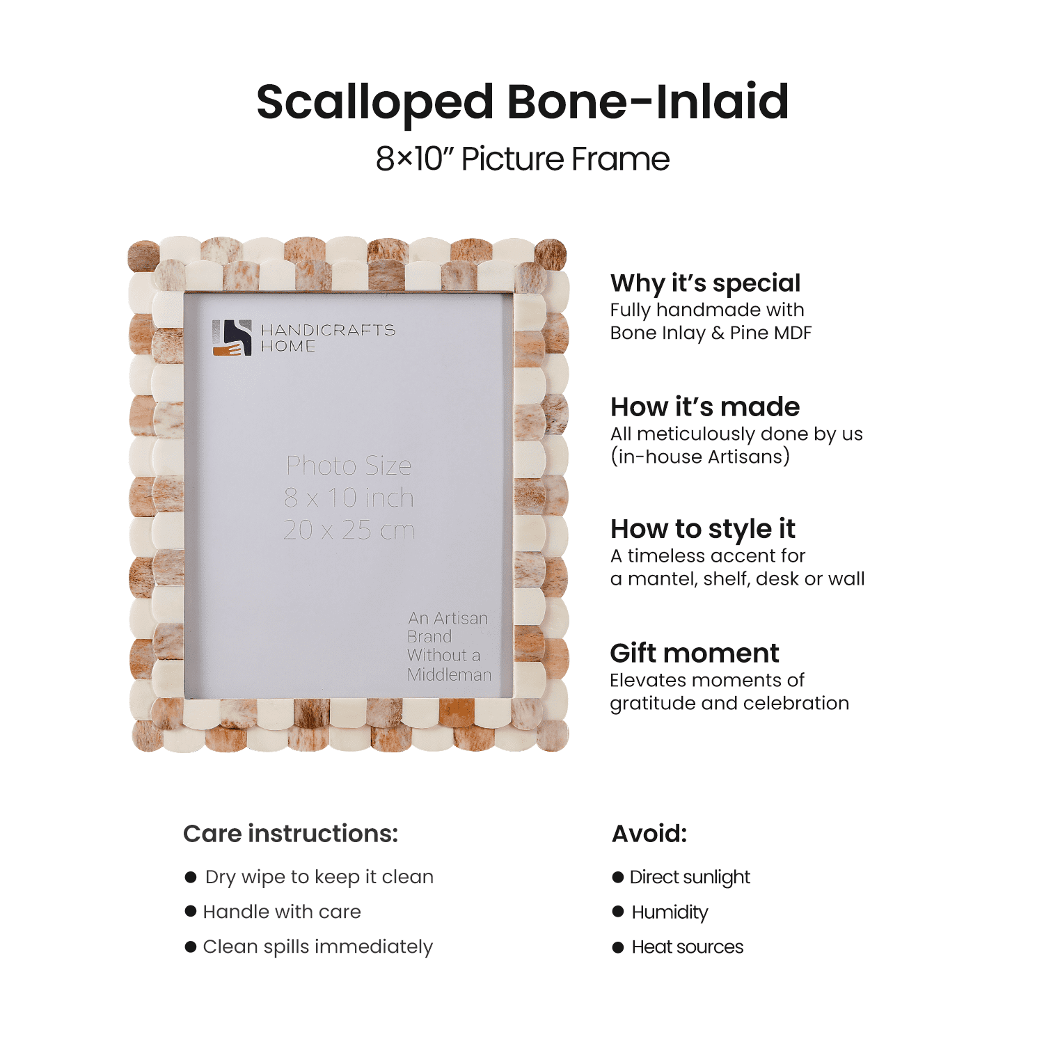 Handicrafts Home 8x10 Brown Picture Frame, Handmade Scallop pattern Bone inlay Photo Frame for Wall & Tabletop, Boho Farmhouse Home Decor, Gallery Wall & Desk Decor, Family Picture Frame Fall decor