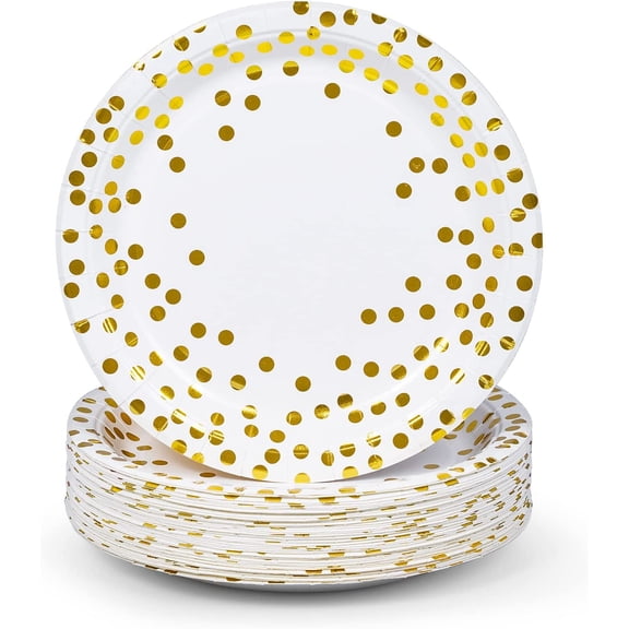 Peidali 50 Pack Party Paper Plates 9 Inch Disposable White and Gold Plates Foil Polka Dots for Parties Weddings and Events