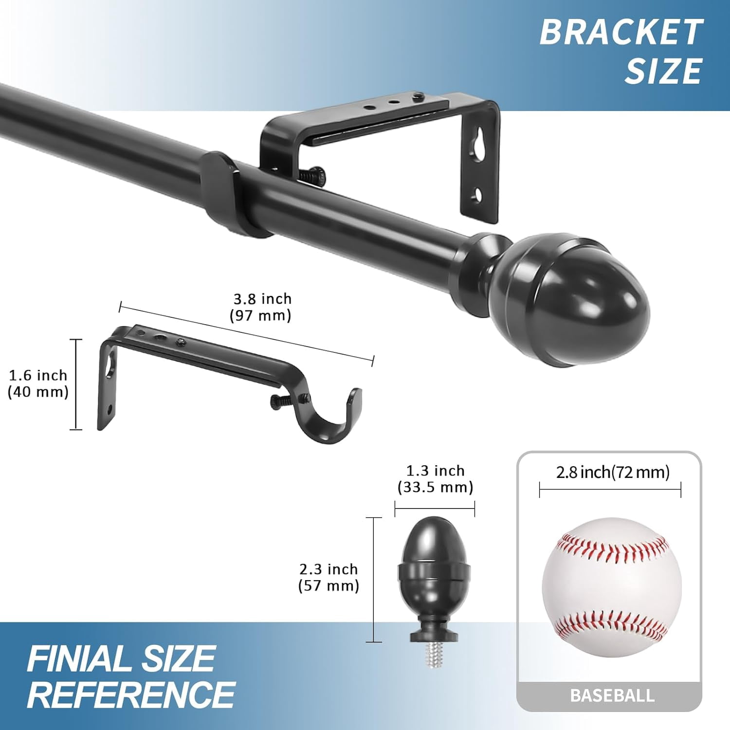 Urbanest Adjustable Single Curtain Rod Set Acorn Finials – 5/8-Inch Diameter, With Black Rod, 84–120 Inches