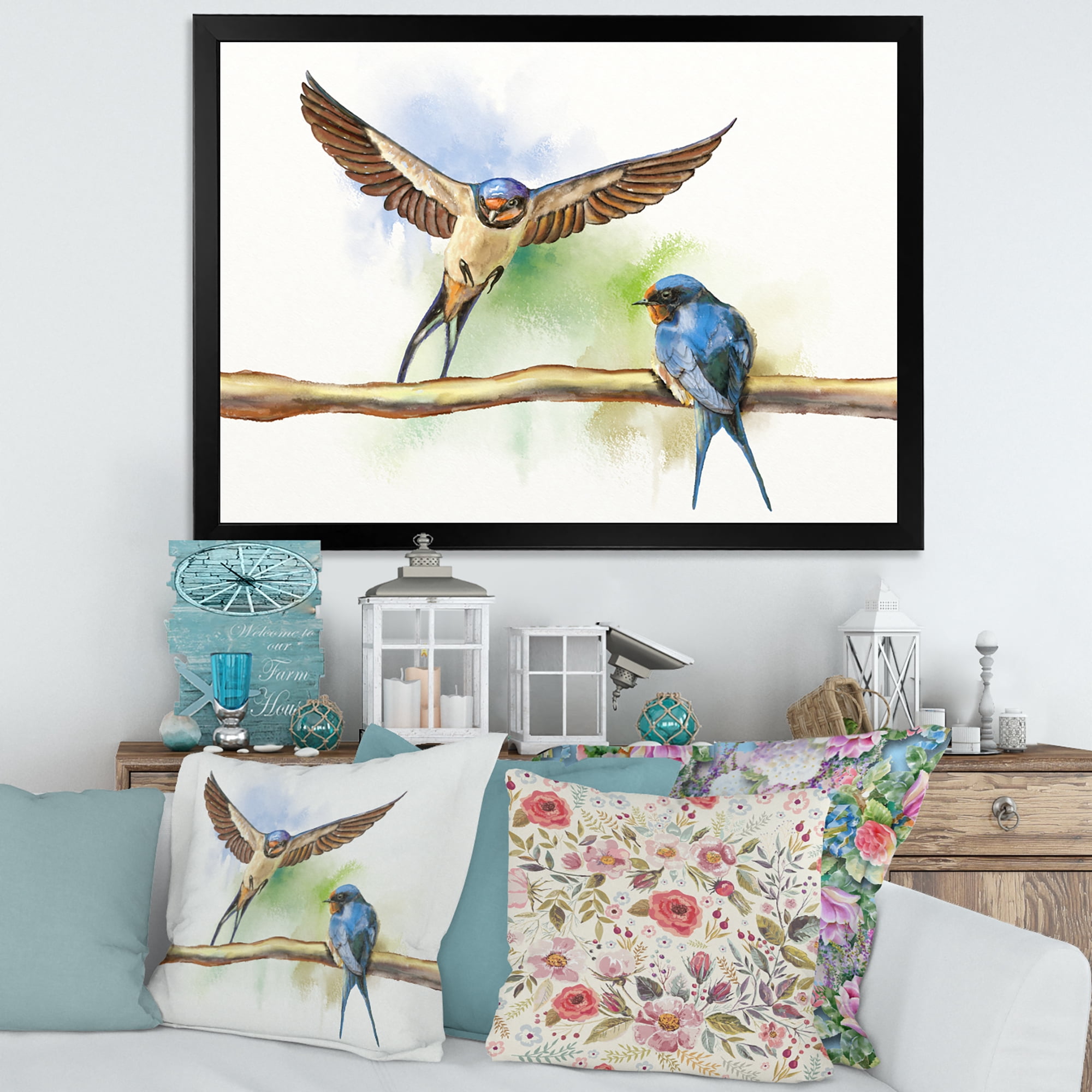 Designart 'Two Barn Swallows Birds On Branch' Farmhouse Framed Art Print