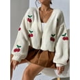 thumbnail image 4 of xiaxaixu Women's Open Front Knit Cardigan, Cherry Jacquard Long Sleeve Loose Sweater Cropped Jacket for Spring, Fall, 4 of 9