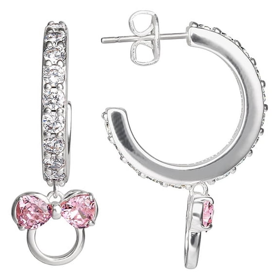 Disney Minnie Mouse CZ Hoop Earrings with Minnie Charm, Silver Flash Plated