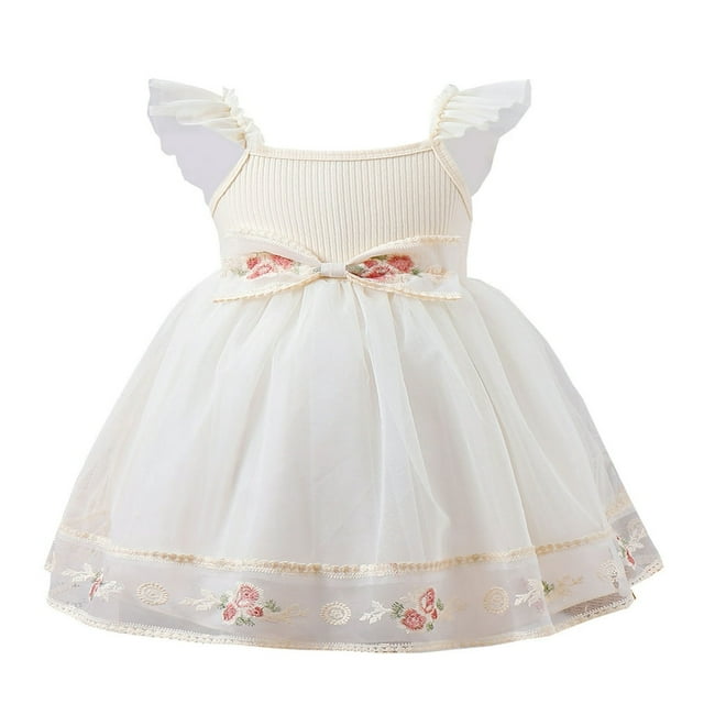 Robes pour Tout-Petites Fille Manches à Volants Ligne A Évasée Robe de Fête de Mariage Fille Été Tulle Princesse Robes de Fête Abricot