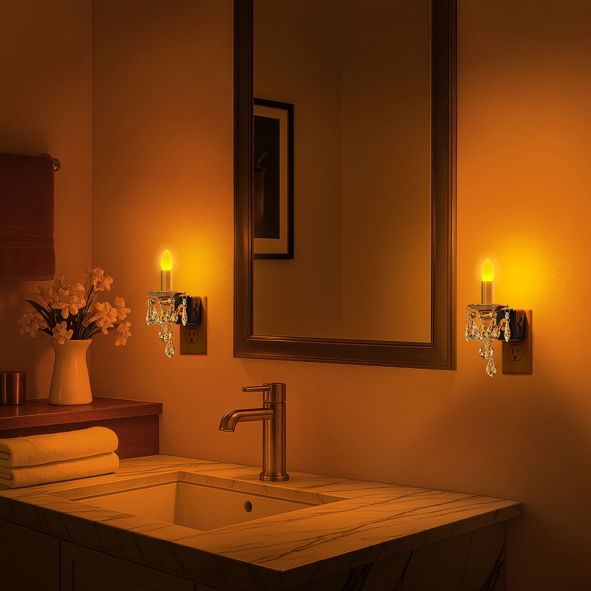 YANSUN Plug-in Warm White 1600K Black & Brass Amber Crystal Pendant Candle Night Light