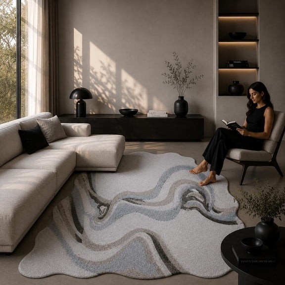 Neu Looms Hand Tufted Wool Silk Area Rug, Modern Fluid Abstract Design, Gray, 3x5 Ft