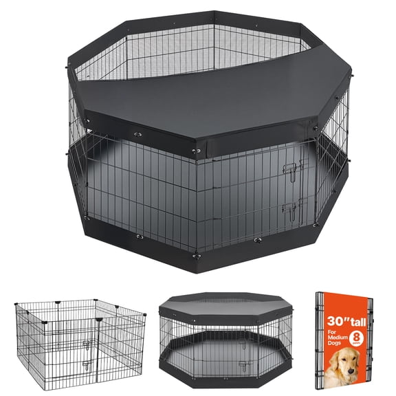 KFFKFF 30-Inch 8-Panel Dog Playpen with Top Cover & Bottom Pad, Foldable Metal Pet Fence with Door, Durable Crate for Small Pets, Black