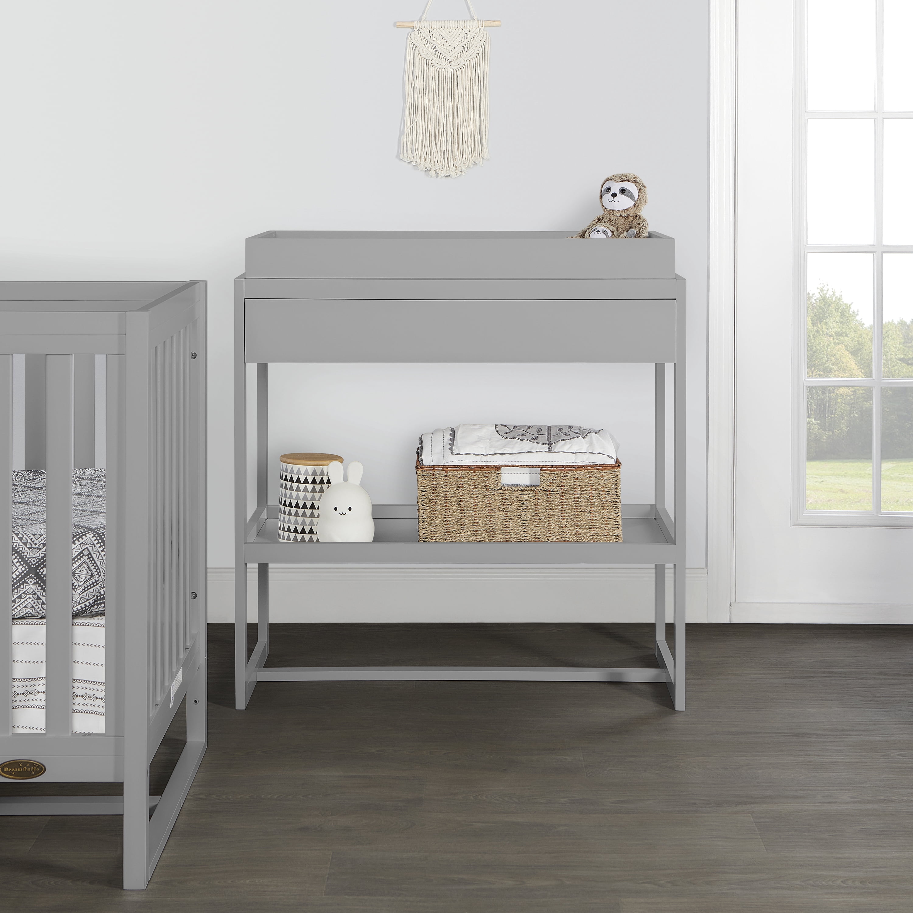 Dream On Me Nursery Bundle of Dream On Me Arlo 5-in-1 Convertible Crib, Dream On Me Arlo Changing Table, with a Dream On Me Honeycomb Orthopedic Firm Fiber Standard Crib Mattress, Pebble Grey