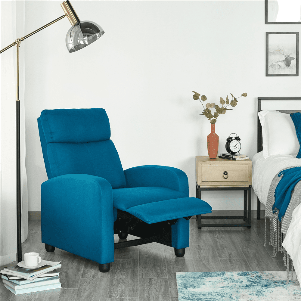 Renwick Fabric Push Back Theater Recliner Chair with Footrest, Blue