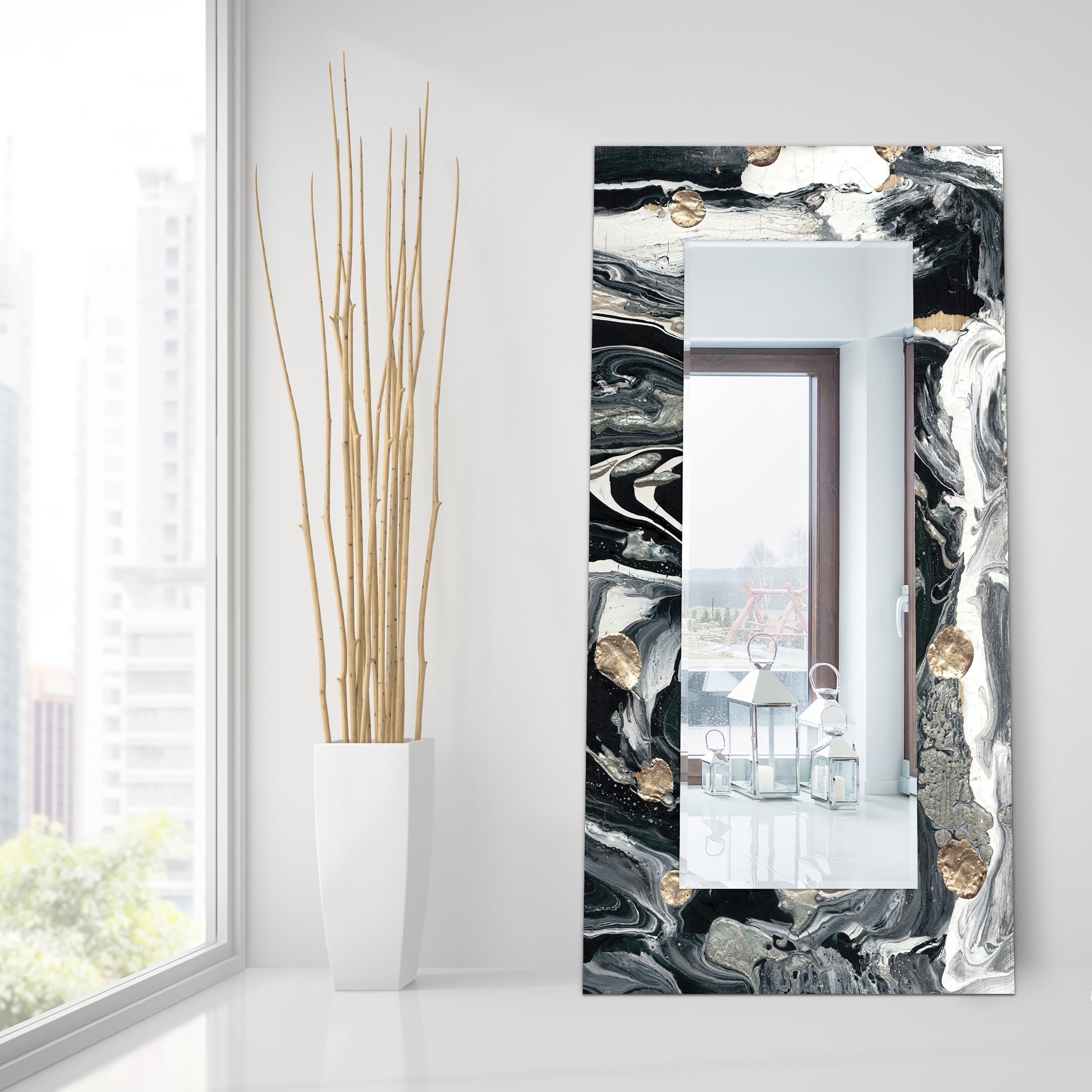 Empire Art Direct Ebony & Ivory Rectangular Beveled Mirror on Free Floating Reverse Printed Tempered Art Glass, 72" x 36" x 0.4", Ready to Hang