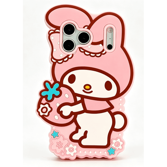 3D Cute Pink Melody Silicone Phone Case for iPhone 17 Pro Max, Cartoon Strawberry My Melody Shockproof Protective Cover, Kawaii Phone Case for Women Girls Kids