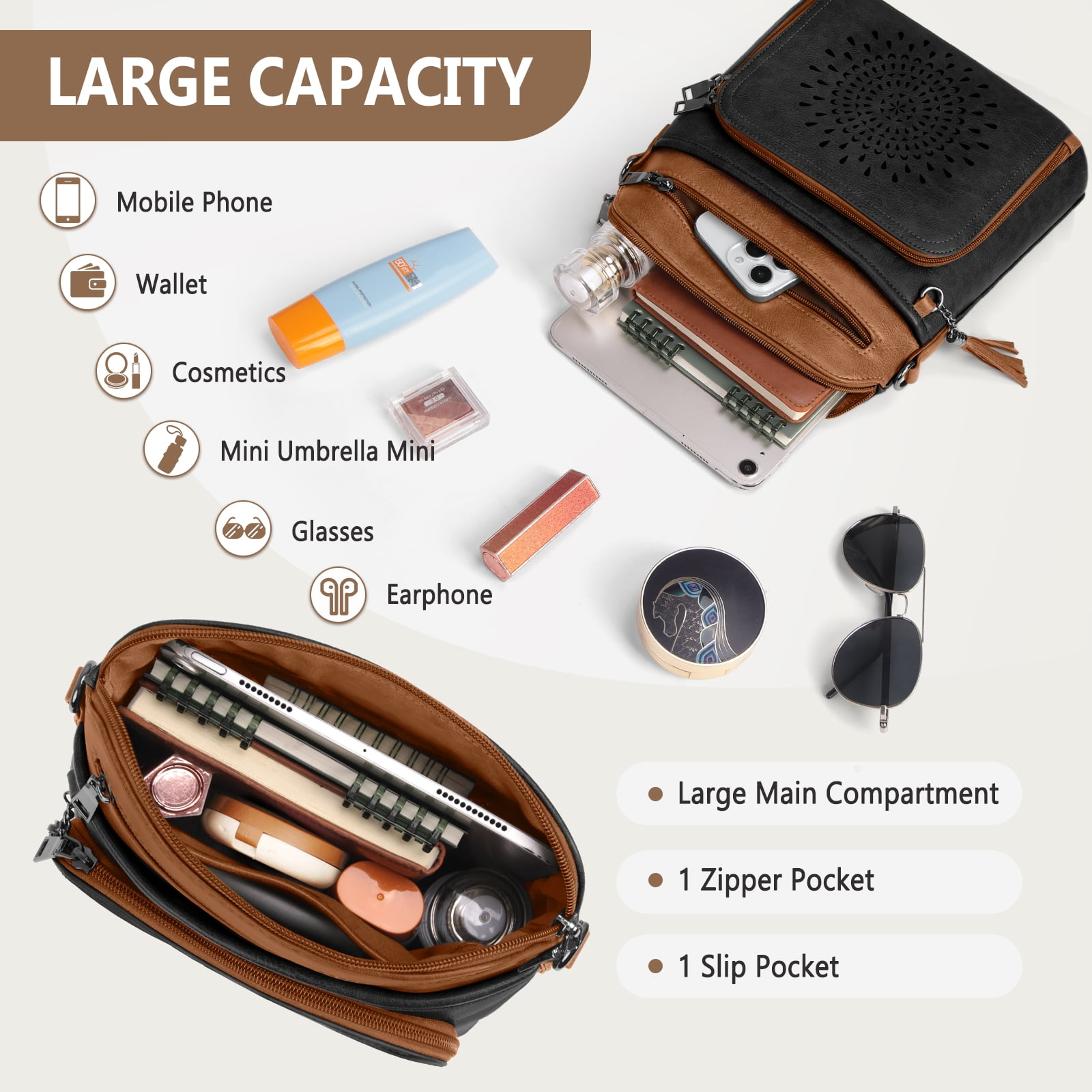 RAINSMORE Crossbody Bags for Women Leather Crossbody Purse Designer Womens Shoulder Handbags Trendy Cross Body Purse,BlackBrown