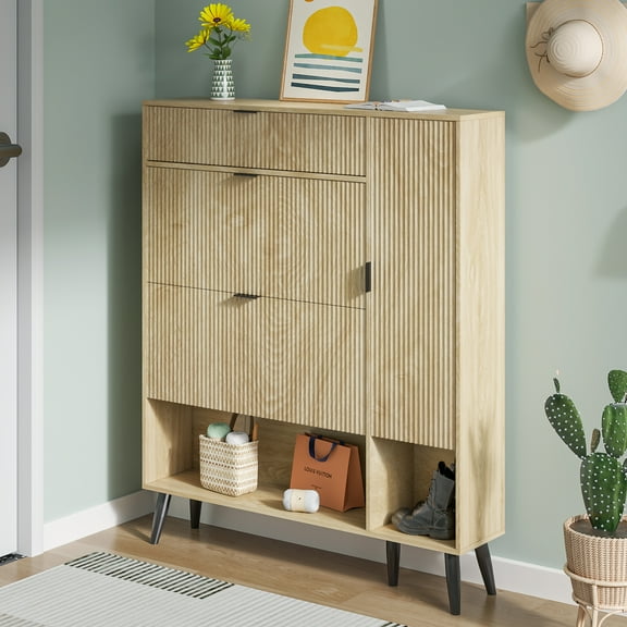 Modern Slim Hidden Shoe Cabinet, Freestanding Shoe Cabinet with 2 Flip Drawers, Entryway Narrow Shoe Storage with Adjustable Shelf&Top Cubby&Doors, Natural