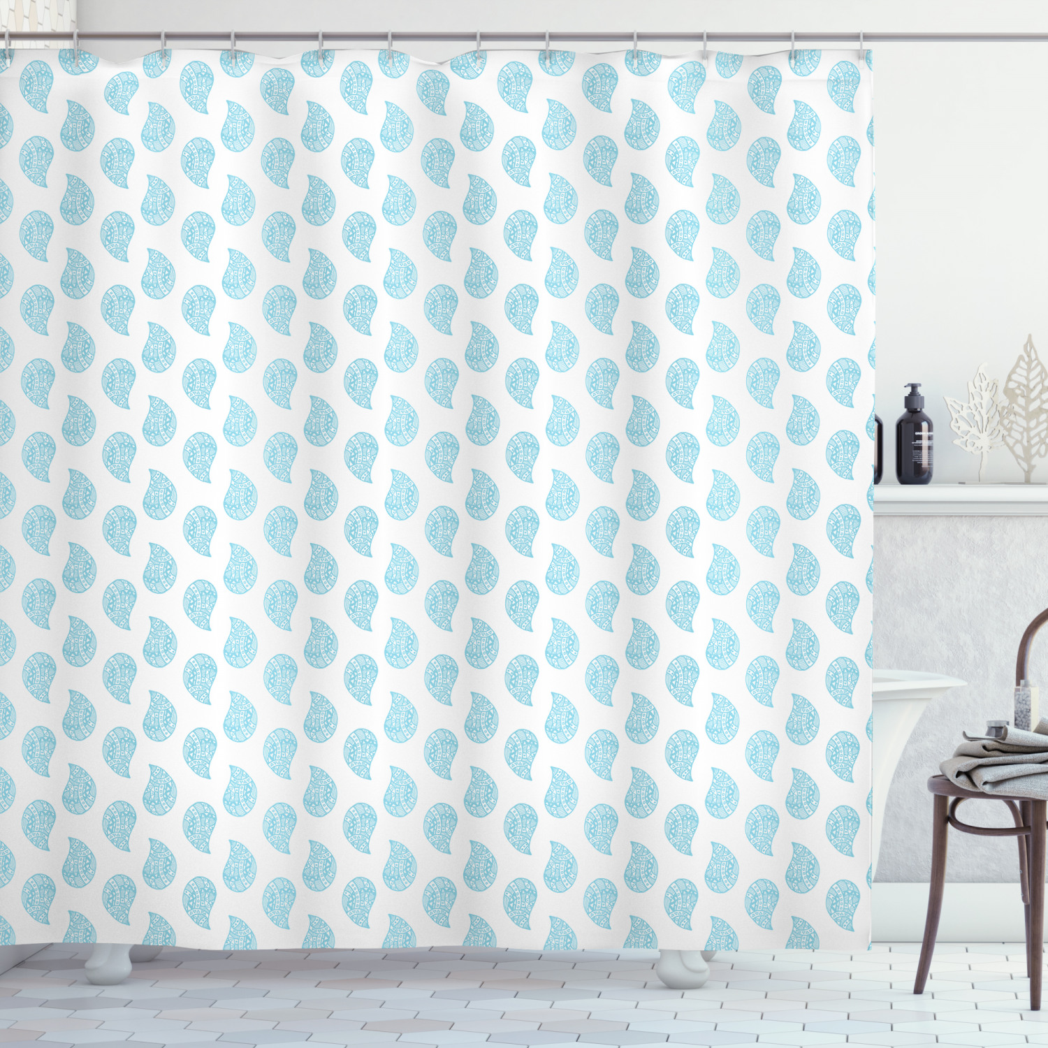 Blue Paisley Shower Curtain, Repeating Middle Eastern Art Drop Shaped on Plain Backdrop