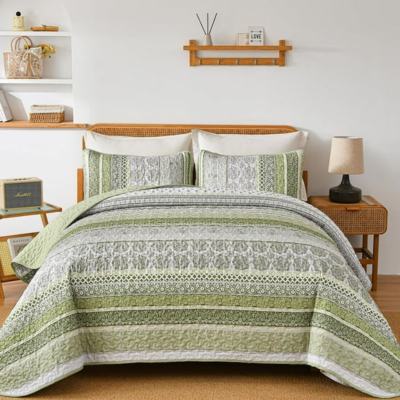 Boho Quilt Set King Size, Sage Green Bohemian 3 Pieces Quilt Sets, Lightweight Bedspread Coverlet Bedding Set for All Season (104"x90")