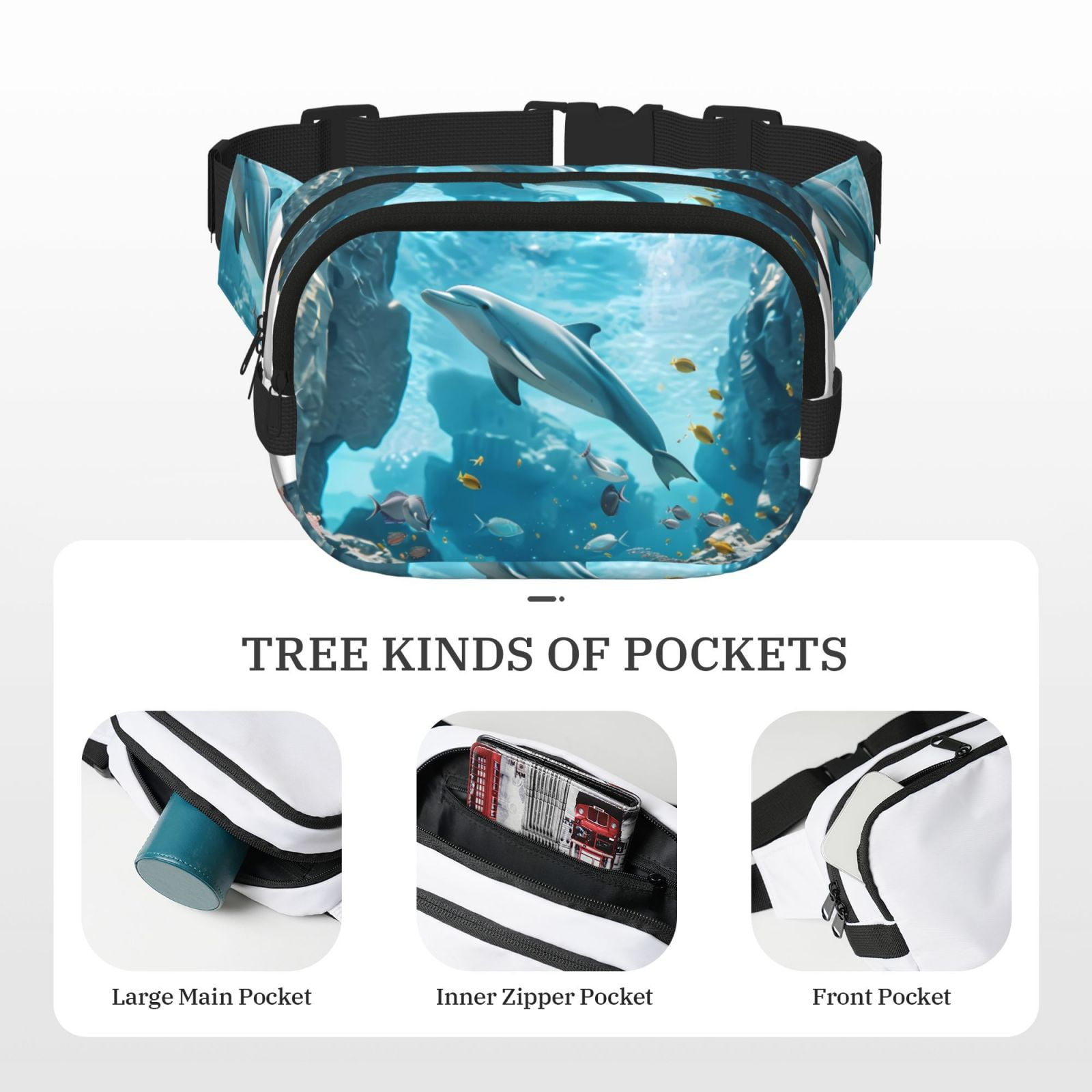 Hirioo Underwater Dolphin Scene for Double Layer Waist Bag Adjustable Fanny Pack For Travel Running Hiking