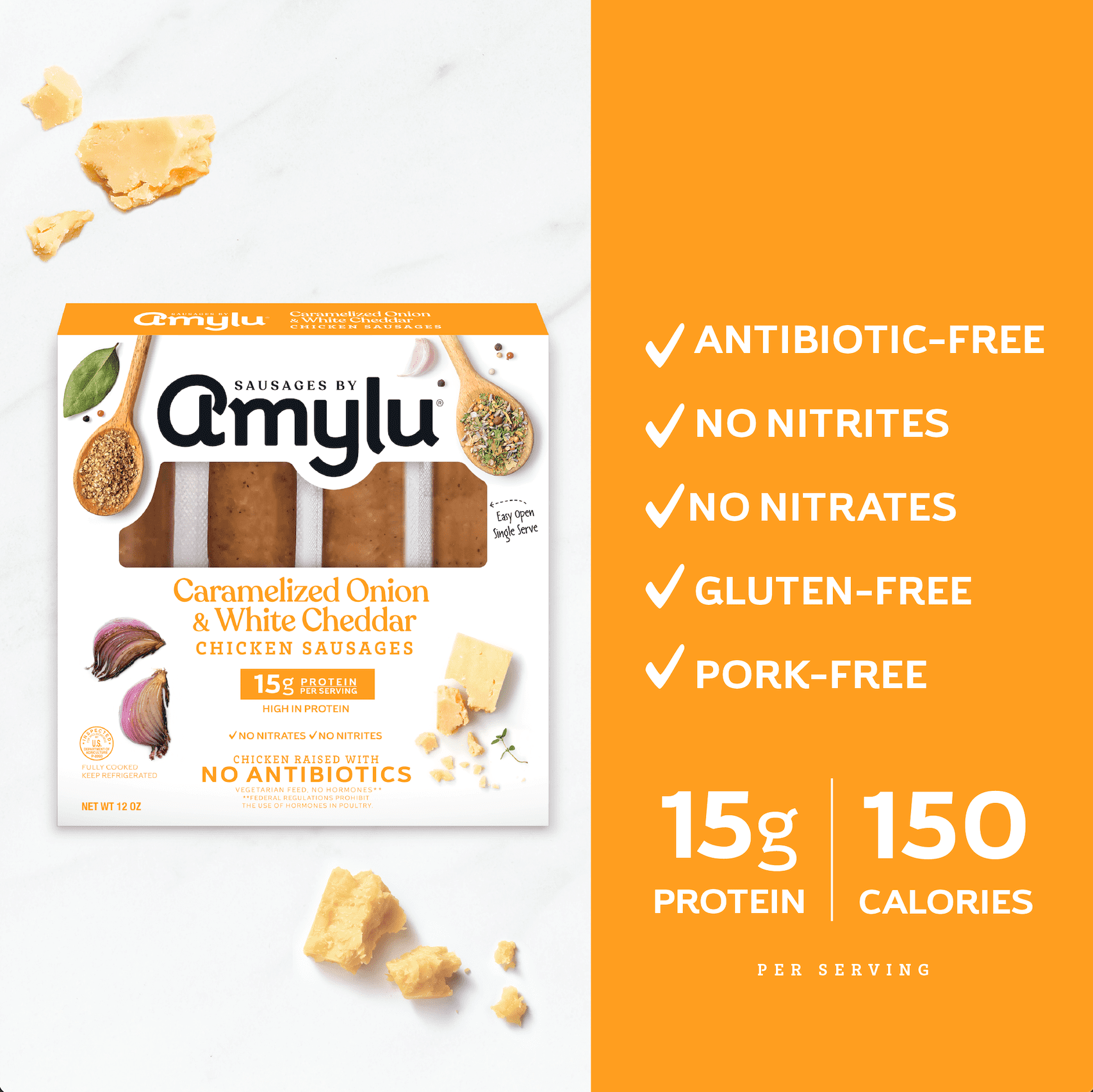 Amylu Foods Caramelized Onion & White Cheddar Chicken Sausages, 12oz, 4 Count, Refrigerated
