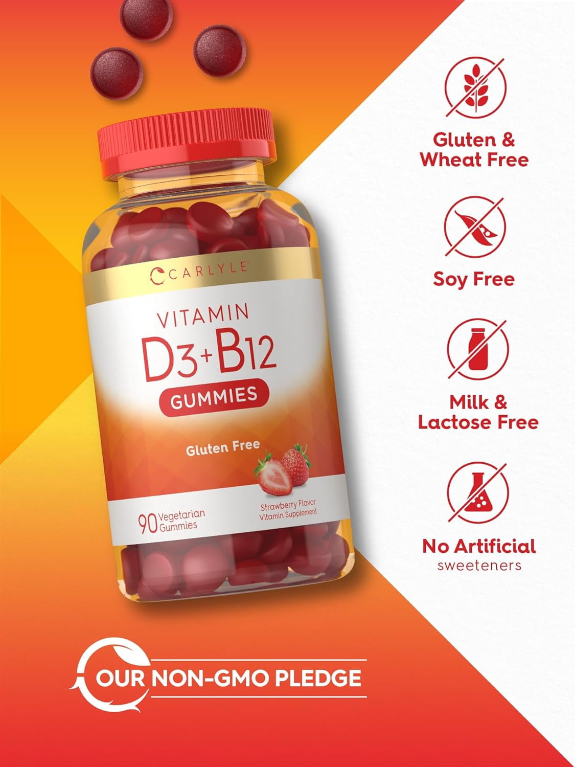 Vitamin D3 + B12 Complex | 90 Vegetarian Gummies | Strawberry Flavor | by Carlyle