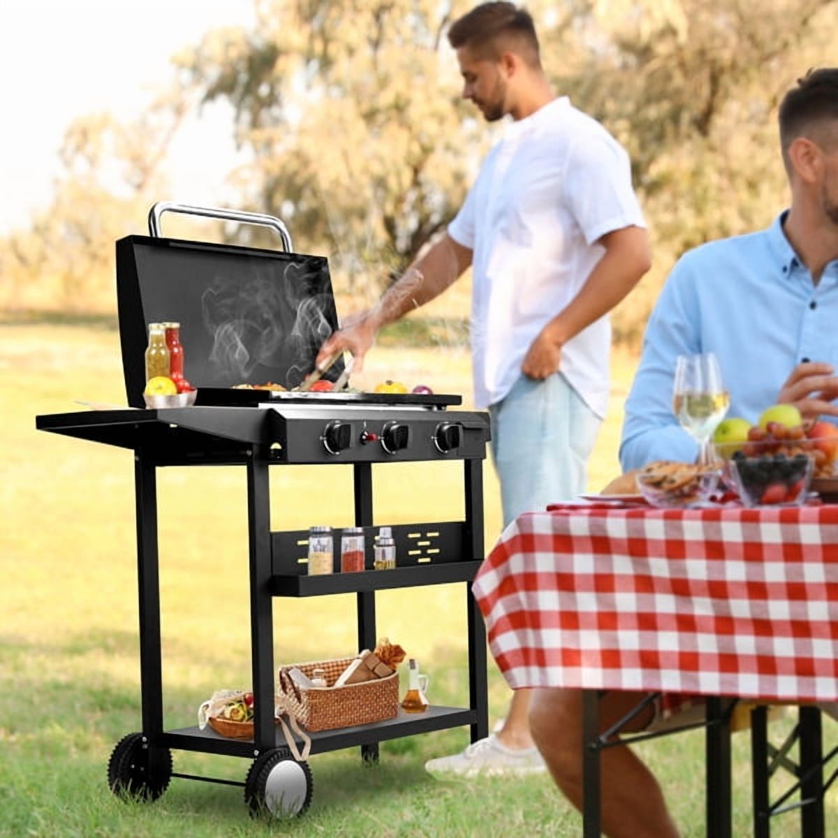 3-Burner Flat Top Gas Griddle Cooking Station with Ceramic Coated Cast Iron Pan for Outdoor Barbecue Backyard Cookout