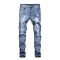 thumbnail image 5 of WTOBBY Men's Frayed Hem Ripped Jeans Slim Fit Washed Denim Pants with Distressed Details - Solid Color Casual Trousers Design for Urban Streetwear Expression Comfort Fit,Light Blue S, 5 of 5