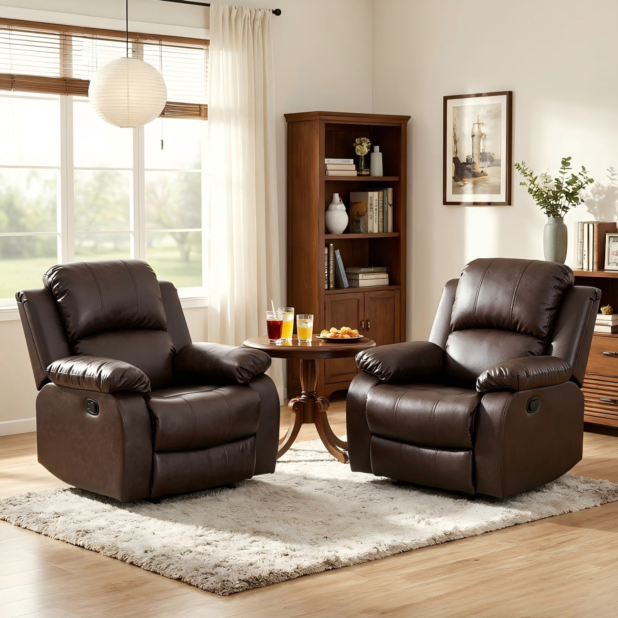 BSHTI PU Manual Recliner Chair Set of 2 – Single Sofa Recliners with Adjustable Backrest, High-Density Foam, Hardwood Frame – Comfort Lazy Chair for Living Room, Bedroom, Brown