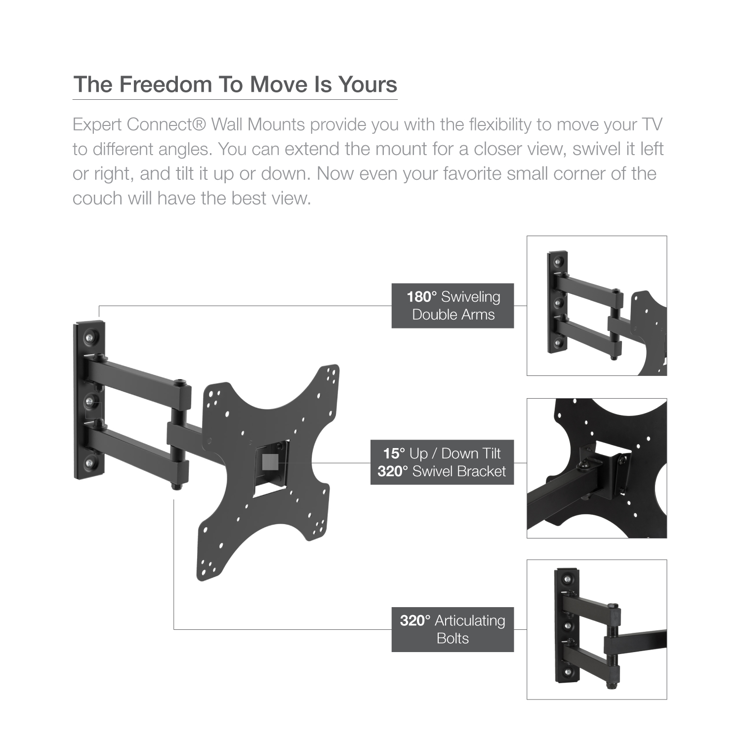 Expert Connect | TV Wall Mount Bracket | 17 - 42" | Full Motion Articulating | Tilt & Swivel & Rotation Adjustment | Max VESA 200x200mm | For LED, LCD, OLED and Flat Screen TVs Up to 50 lbs - image 3 of 4