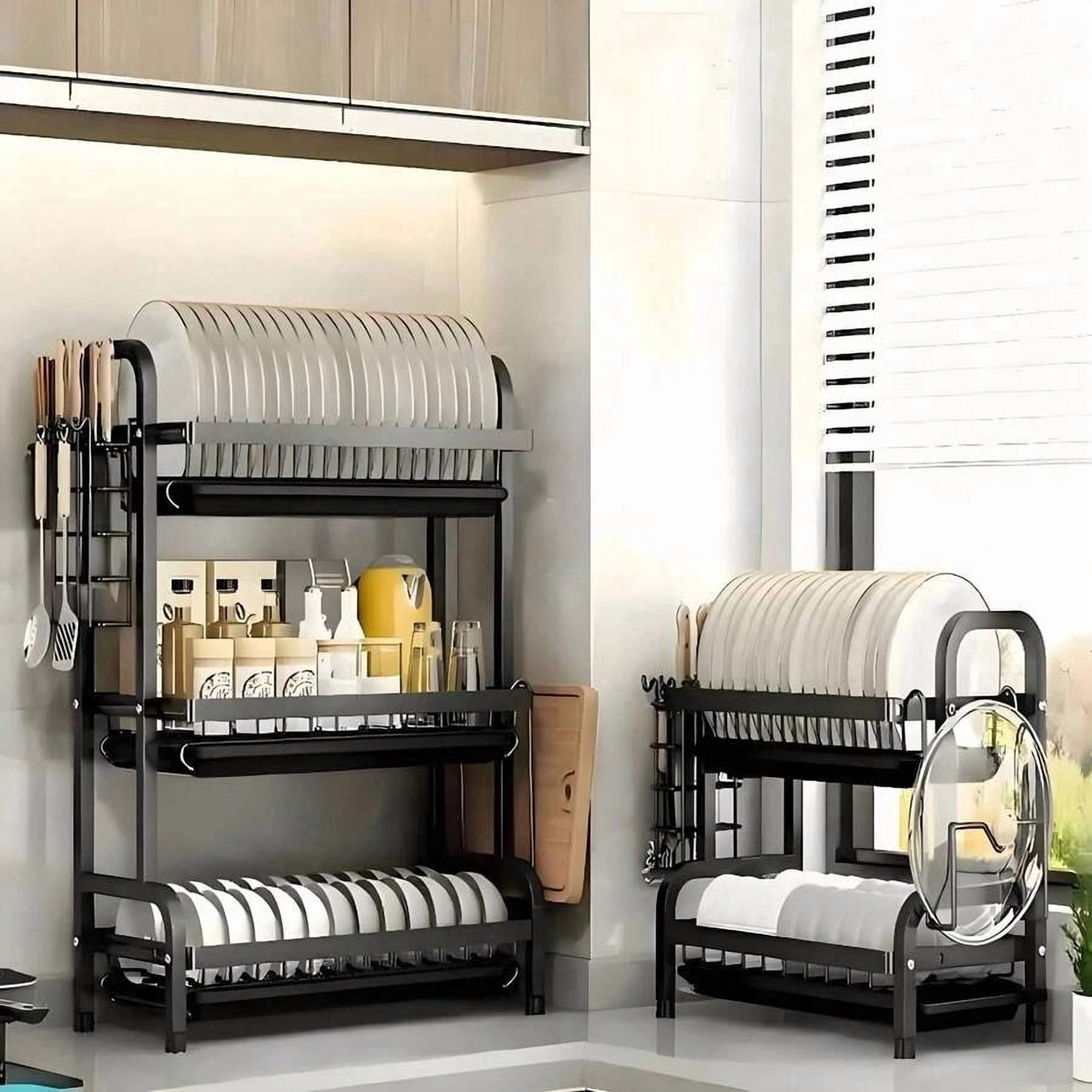 3-Layer Kitchen Dish Drying Rack in Black with Drain Board for Home Essentials