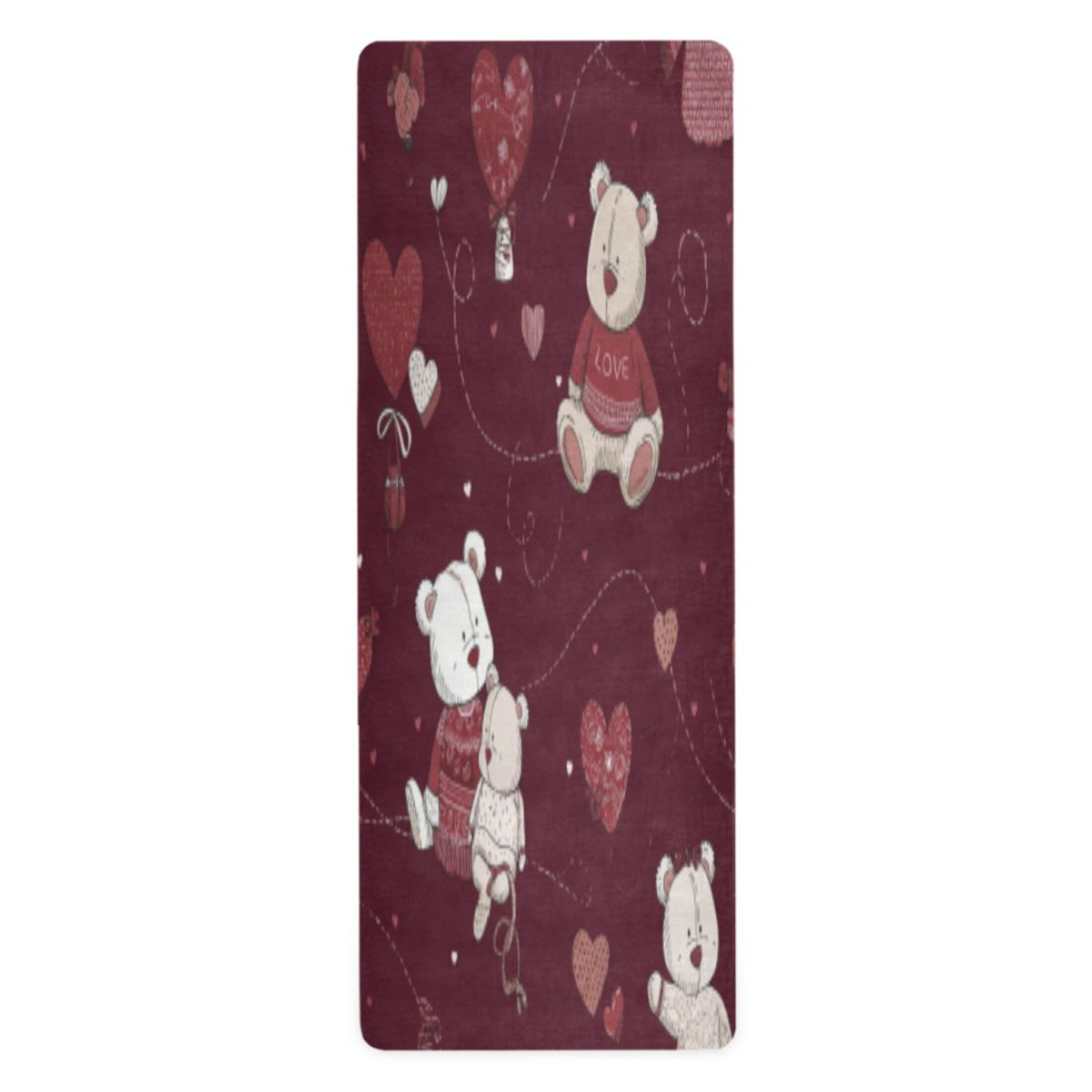 BZSMCE Yoga Mat Women Fitness Mat Burgundy Bear Heart Cuddle Pattern