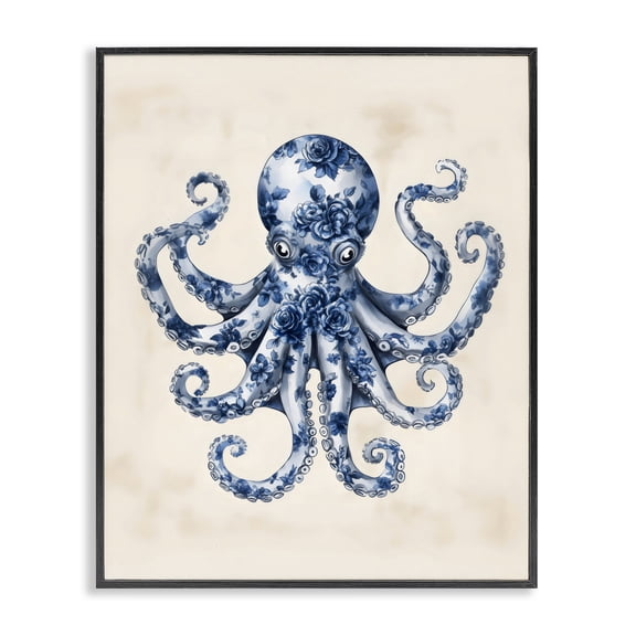 Stupell Industries French Country Blue Floral Octopus Black Framed Giclee Art, 11 x 14, by Arlington Prints