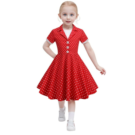 RMGVDSD Kids Girls Dresses Lapel Short Sleeve Vintage Polka Dot Party Dress 50S Retro Style A-Line Swing Sundress Carnival Temperament Dress