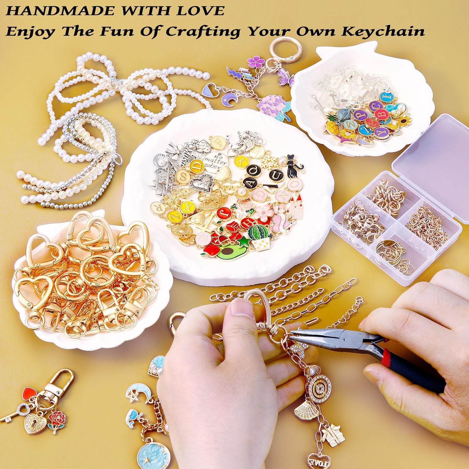 544Pcs Charms Lip Gloss Keychain Making Kit, Bag Charm Kits with Key Chain Hooks, Charms, Chains, Jump Rings, Lobster Clasps, Plier, Gift Bags & Tools, DIY Craft Supplies, Valentines Gifts-dh