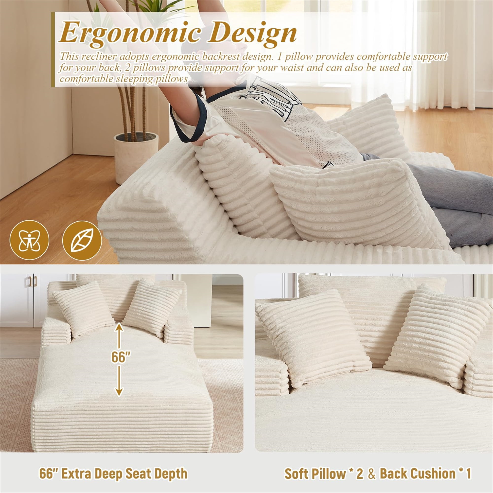 Aukfa 79" Extra Long Chaise Lounge Oversized Indoor Chair Boneless Couch for Living Room, 3Pillows, White