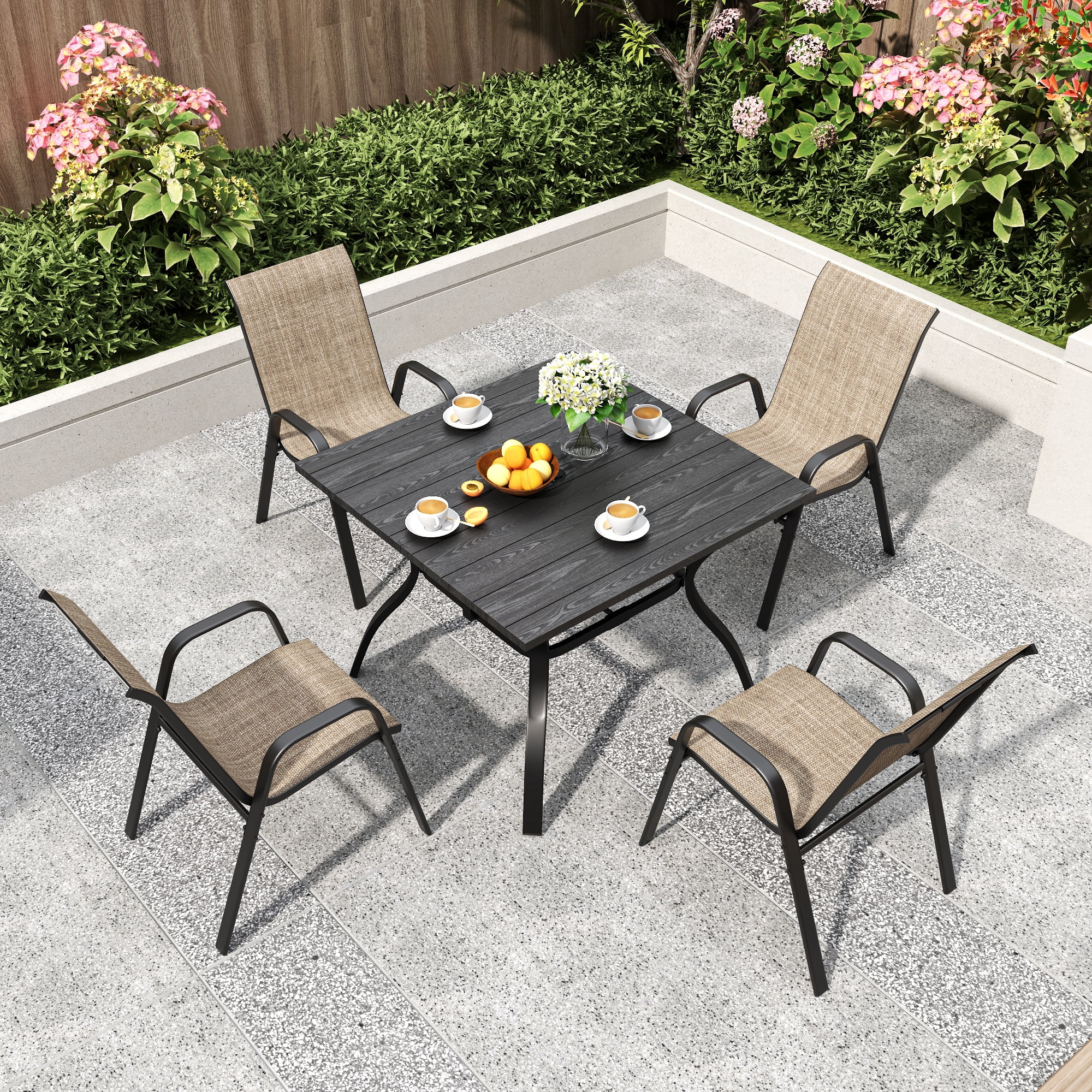 4-Piece Outdoor Dining Chair with Wide Ergonomic Seat, 350 lb Capacity Heavy Duty Metal Frame, Waterproof Teslin Fabric & Rust-Resistant, Ergonomic Lumbar Support for Patio, Brown