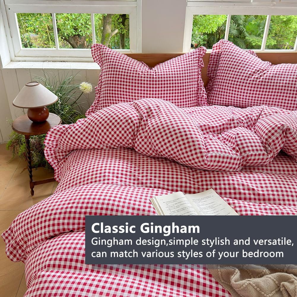Red Gingham Ruffle Duvet Cover Twin Size, 2 Pieces Soft Pre-Washed Microfiber Checked Plaid Comforter Cover Set, Vintage Farmhouse Bedding Set(Red Gingham, Twin 68"x90")
