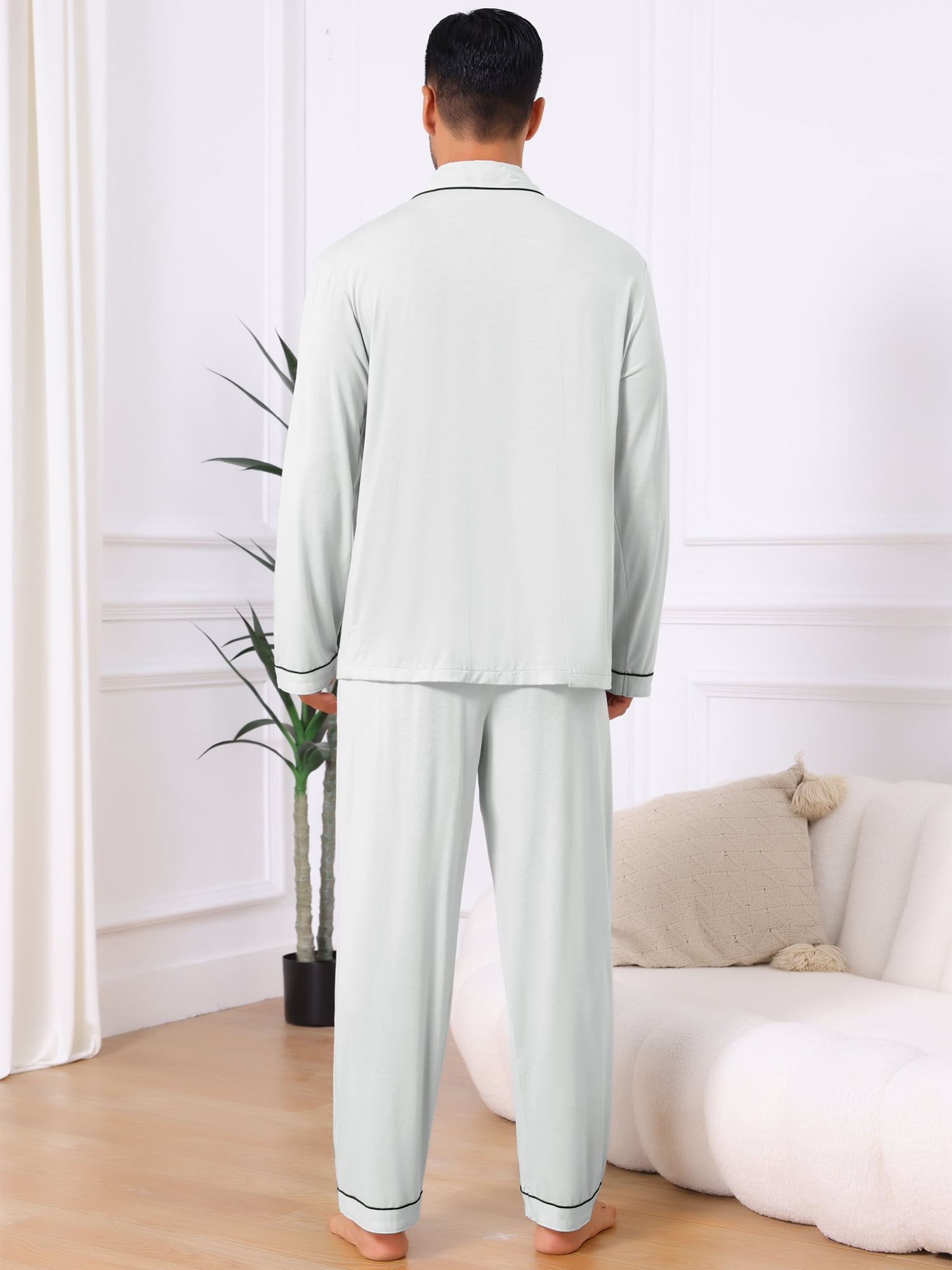 DARING DIVA Men's 2-Piece Long Sleeve Solid Color Button Down Pajamas Set S White Gray