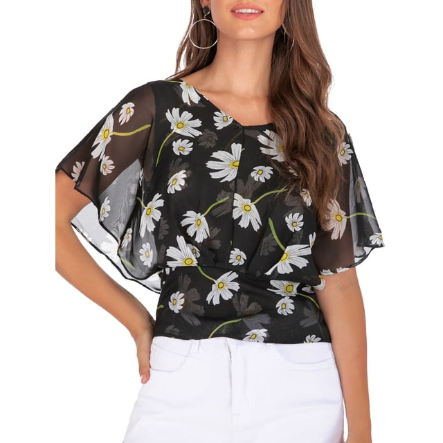 Blusa estampada para mujer Mangas de murciélago Cuello en V Blusas de gasa casuales Abanopi Jerseys de mujer