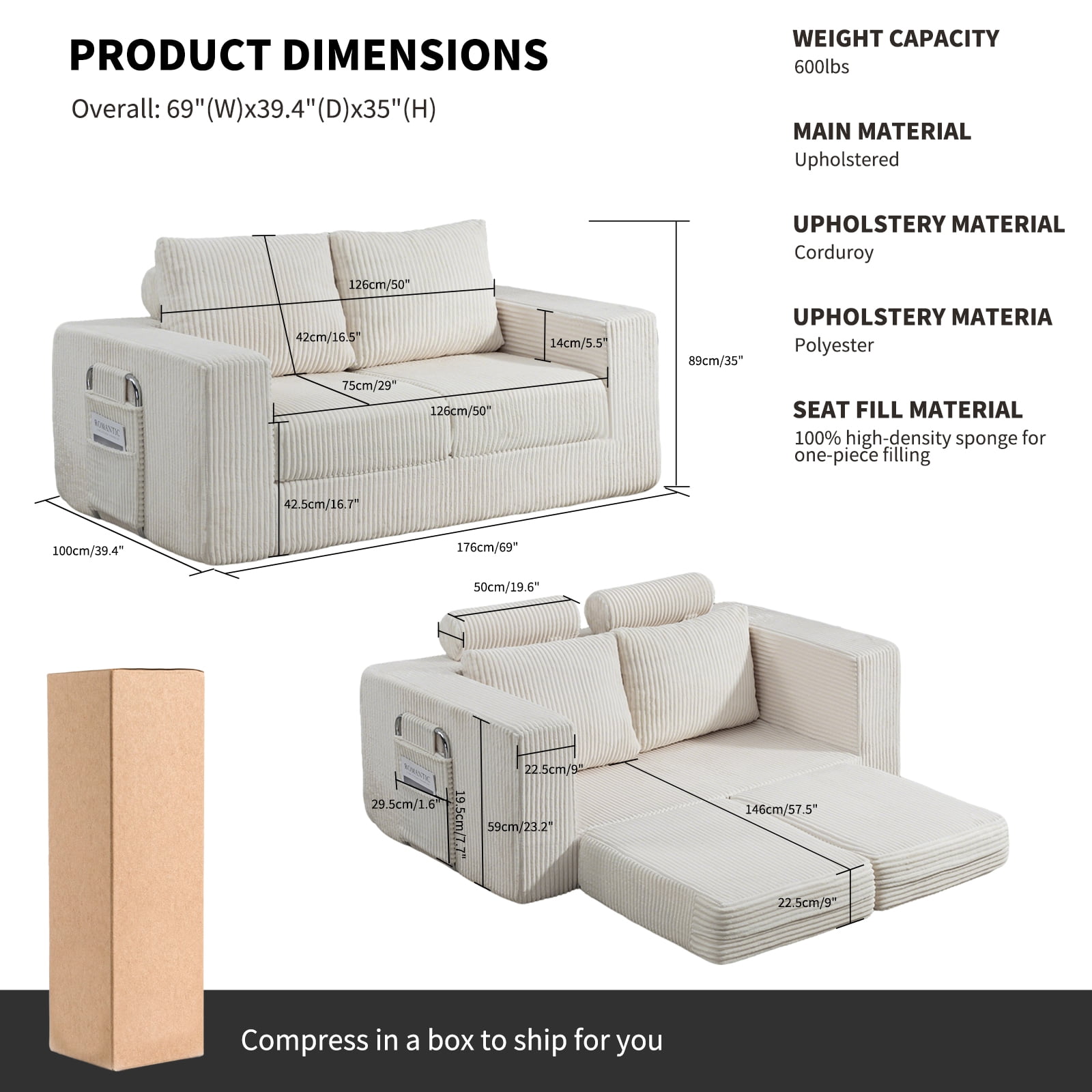 69 Inches Convertible Sofa Bed Boneless 2 Seats Loveseat Sleeper Sofa 2 Seater Small Couch 3-in-1 Folding Sofa Floor Sofa with Deep Seat No Assemble Required Beige
