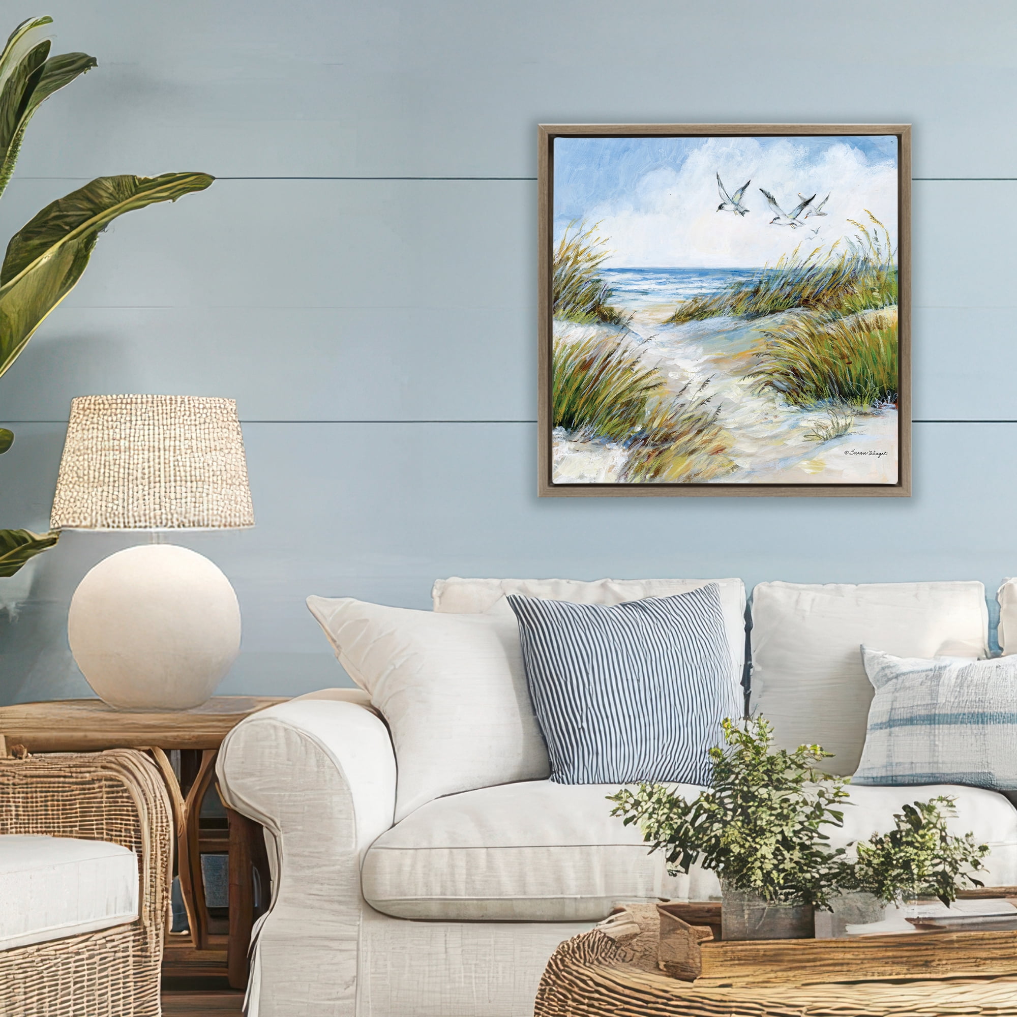 Stupell Industries Beach Path Seagulls Overhead Brown Framed Floater Canvas Wall Art, design by Susan Winget
