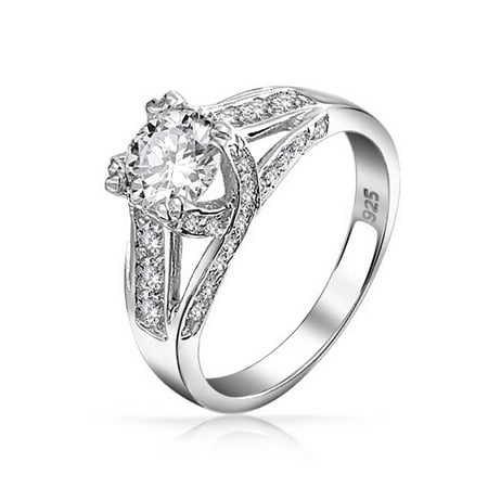 - Classic Round Colorless Cubic Zirconia 925 Sterling Silver Criss Cross Set Design Solitaire CZ Engagement Band Ring