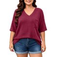thumbnail image 2 of vdgthytj Womens Plus Size Tops Short Sleeve V-Neck Ribbed Knit Sweater Loose Fitted Summer Casual Tunic with Pocket, 2 of 7