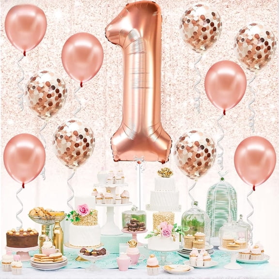 Giant Rose Gold 1st Birthday Balloon Decor 32 Inch  Number 1 Foil Balloons 10Pcs Latex Confetti Balloons 1st Birthday First Birthday for Girl Number One Balloon for 1st Happy Anniversary Decorations