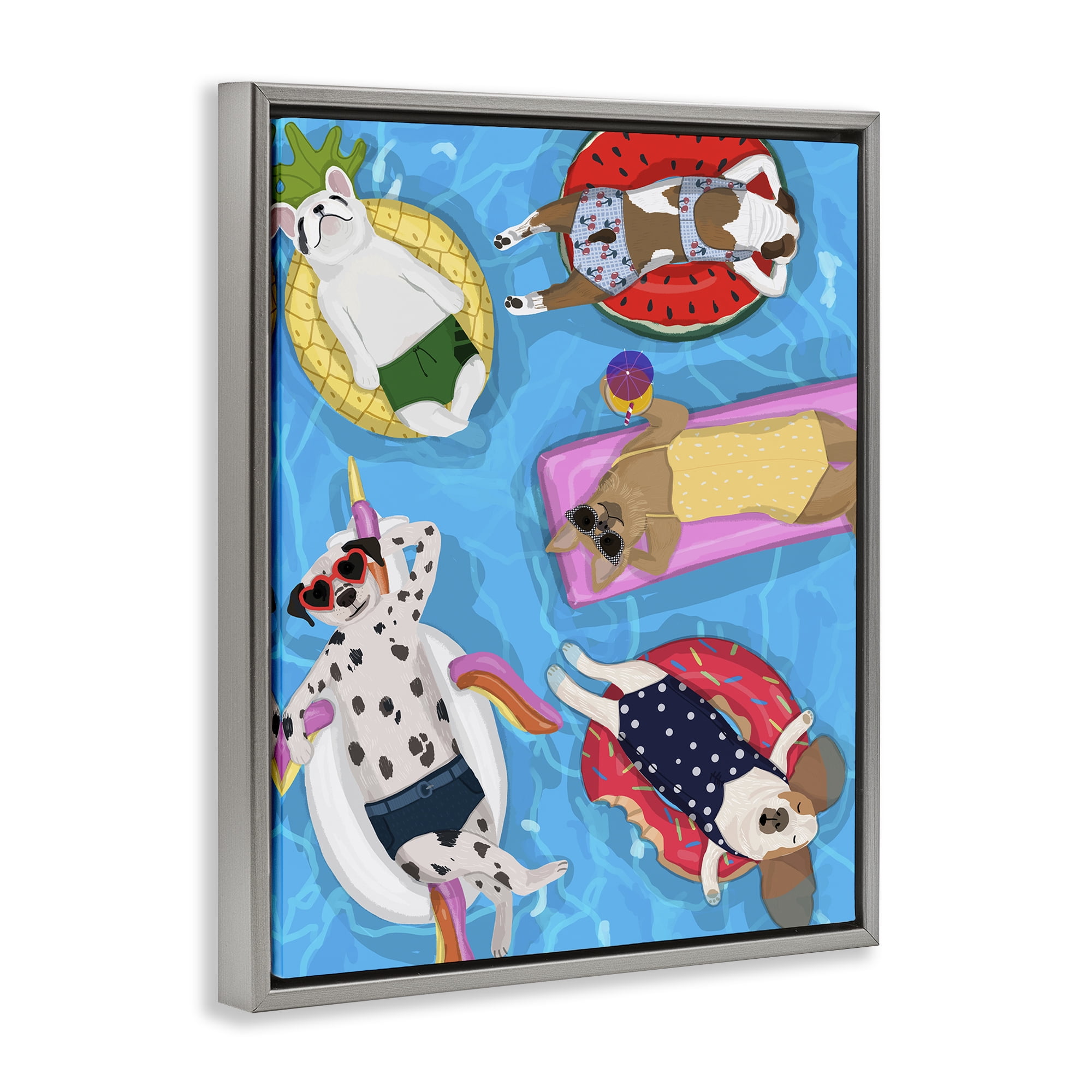 Stupell Industries Summer Sunbathing Dogs Gray Framed Floater Canvas Wall Art, design by Hanna Melin
