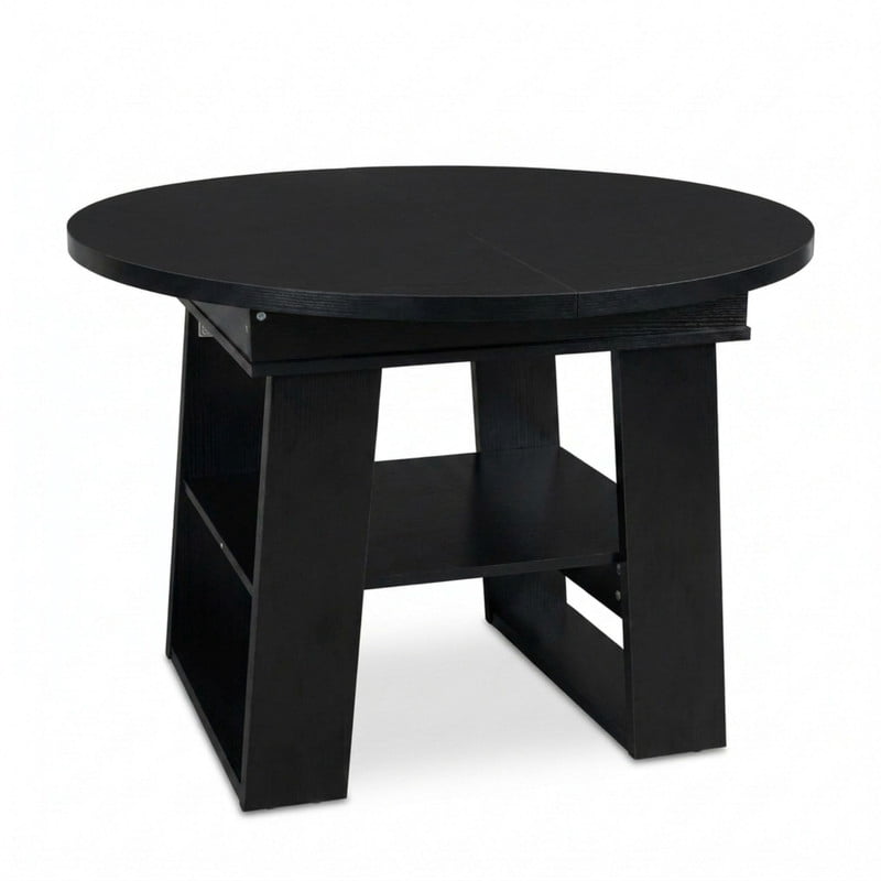 43"-59" Extendable Round-to-Oval Dining Table for 4-6 with Flip-Up Leaf, Kitchen Accent Dinner Table with Storage Shelf