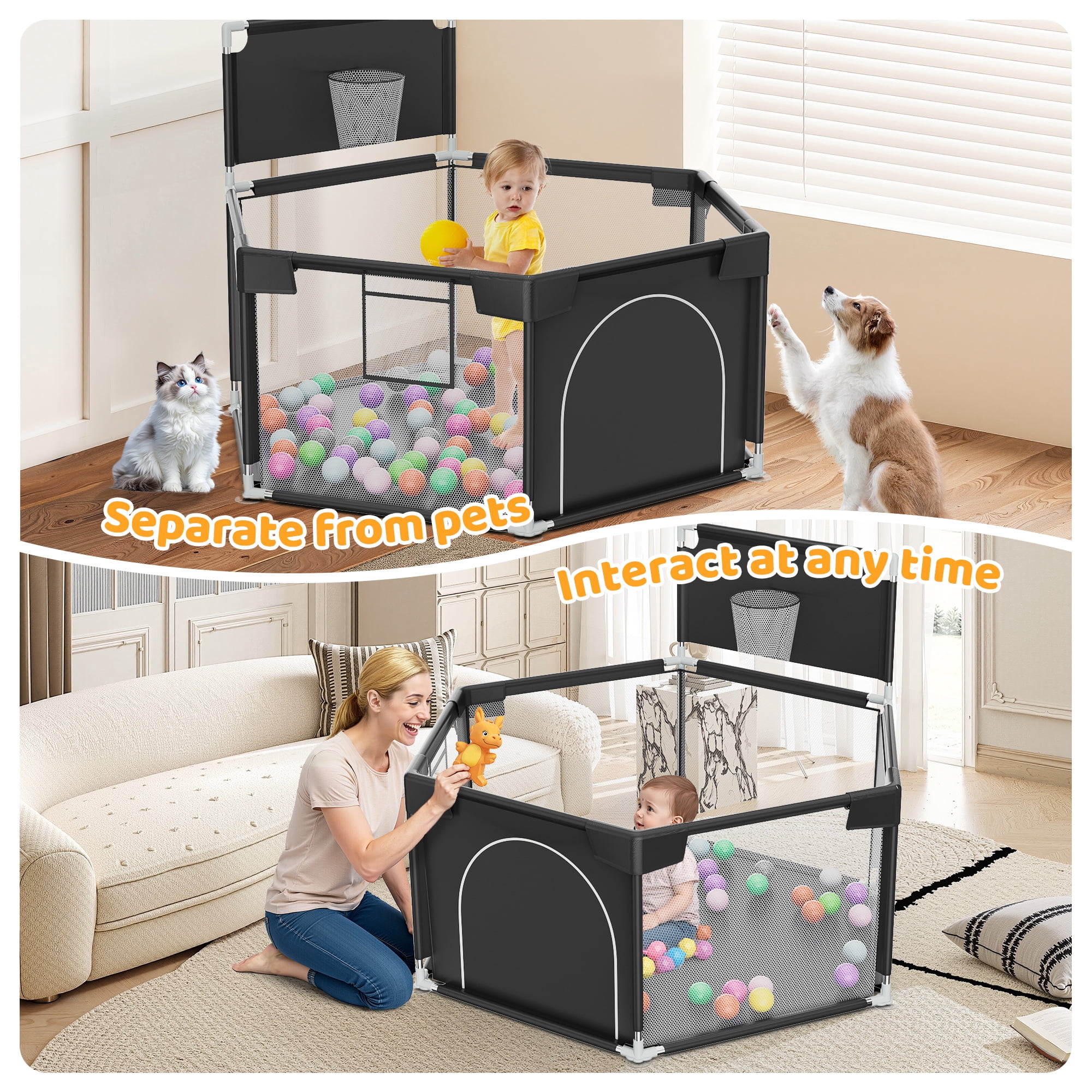 babyeap Baby Playpen with Basketball Hoop,Playpen for Babies and Toddlers,Hexagonal Fence Baby Play Yards,Black