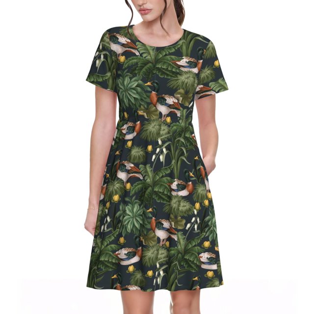 Easygdp Mallard Ducks And Water para Vestido Transpirable de Mujer, Vestido Suelto de Manga Corta con Pliegues y Bolsillos para el Verano