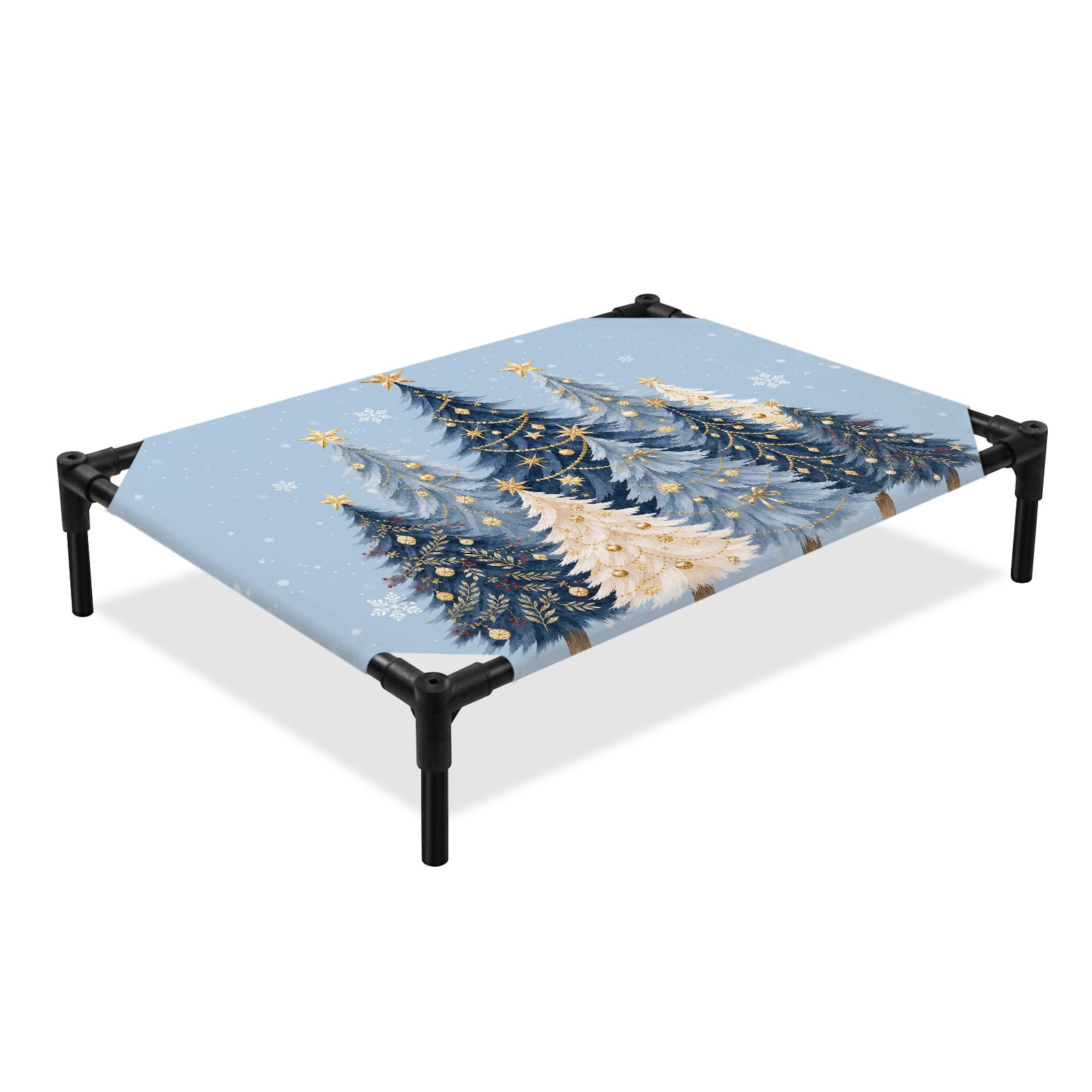 Christmas Tree Elevated Dog Bed Winter Rustic Blue Xmas Tree Snowflake Bell Stars Cooling Breathable Outdoor Raised Dog Cot Bed with Metal Frame Non-Slip Feet for Medium Dog 24x20in