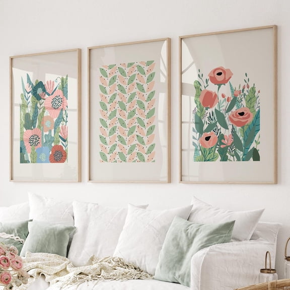 UNFFRAMED Botanical Prints, Pink Poppies, Boho Floral Wall Decor, Set Of 3 Set 3 Prints 8x12
