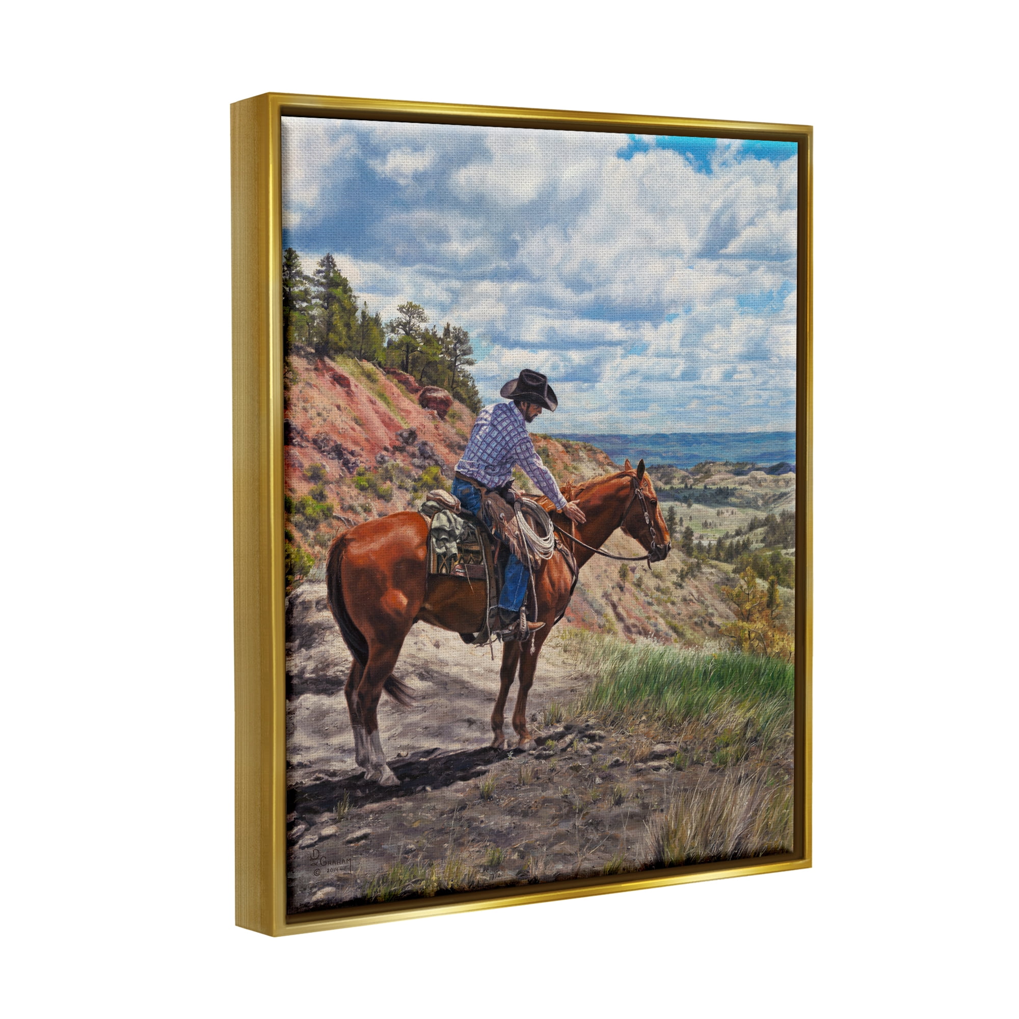 Stupell Industries Cowboy in Ocean Landscape Animals & Insects Painting Gold Floater Framed Art Print Wall Art, 17 x 21