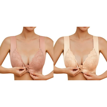 2 Pack(Coffee & Beige) Womens No Steel Ring Padded Bras for Women French Womens Front Close Strapless Bra T Back Plus Pack of Bras Size Seamless Unlined Bra Wir